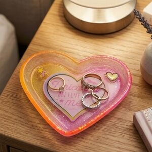 Handmade Resin Unicorn Heart Trinket Dish - Pink & Orange Glittery Decor